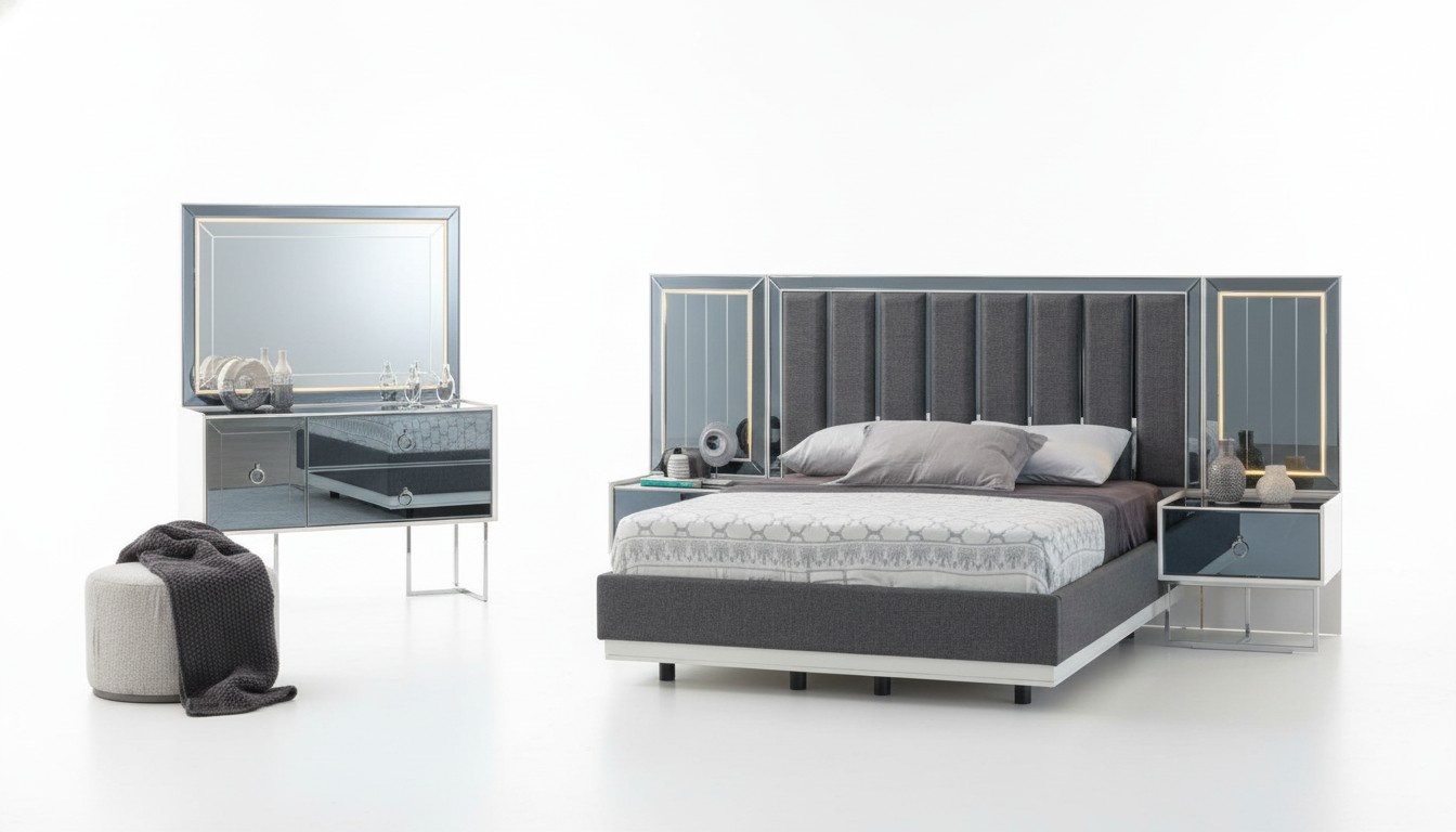 Modern Grey-White Bedroom Furniture Wooden Bedside Tables Double Bed 5pcs