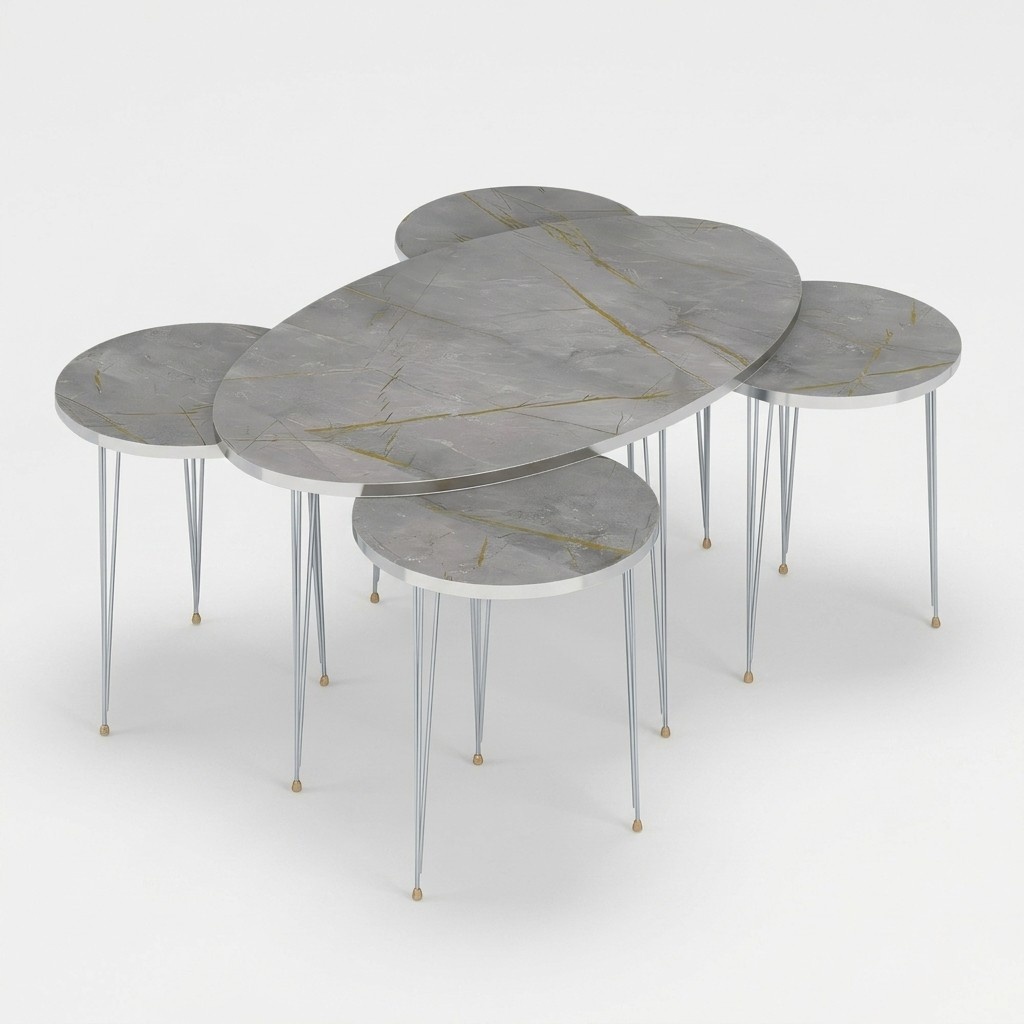 Modern gray coffee table with four wooden side tables