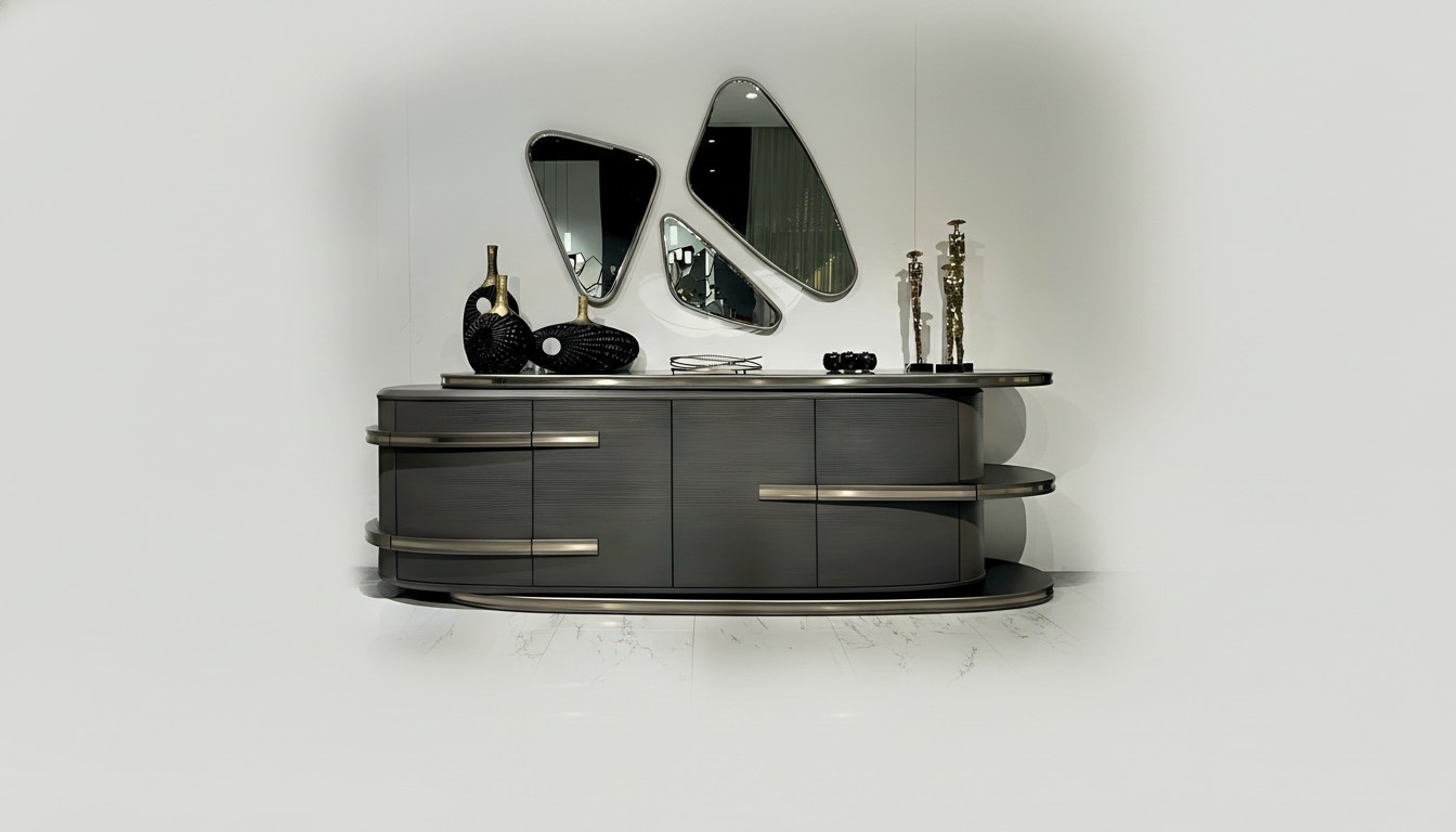 Modern gray wood console for living room, hallway, or office.