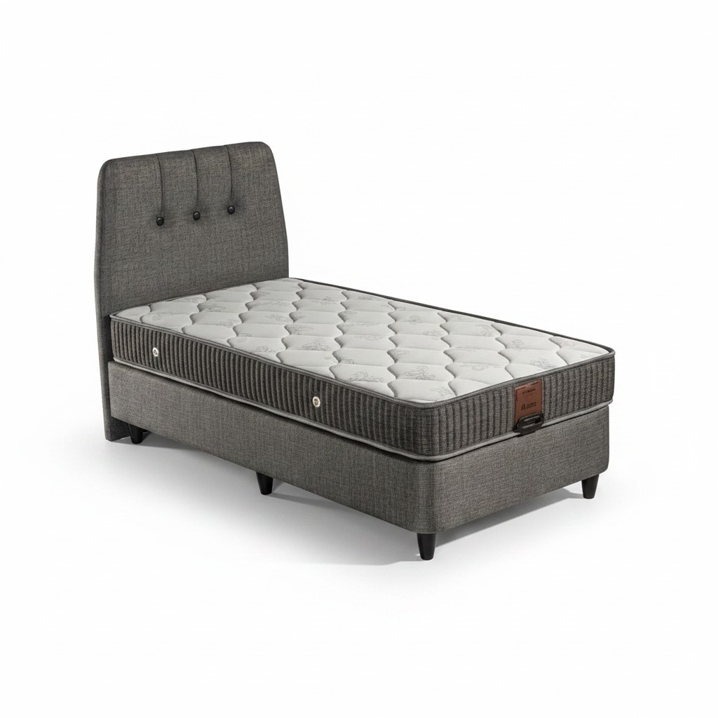 Modern gray wooden bed with textile upholstery and mattress.