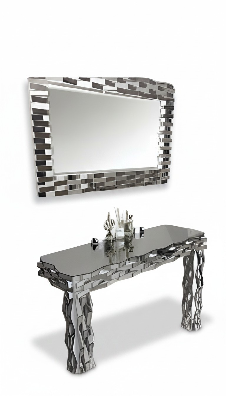 Modern gray wooden console with mirror for an elegant living style.
