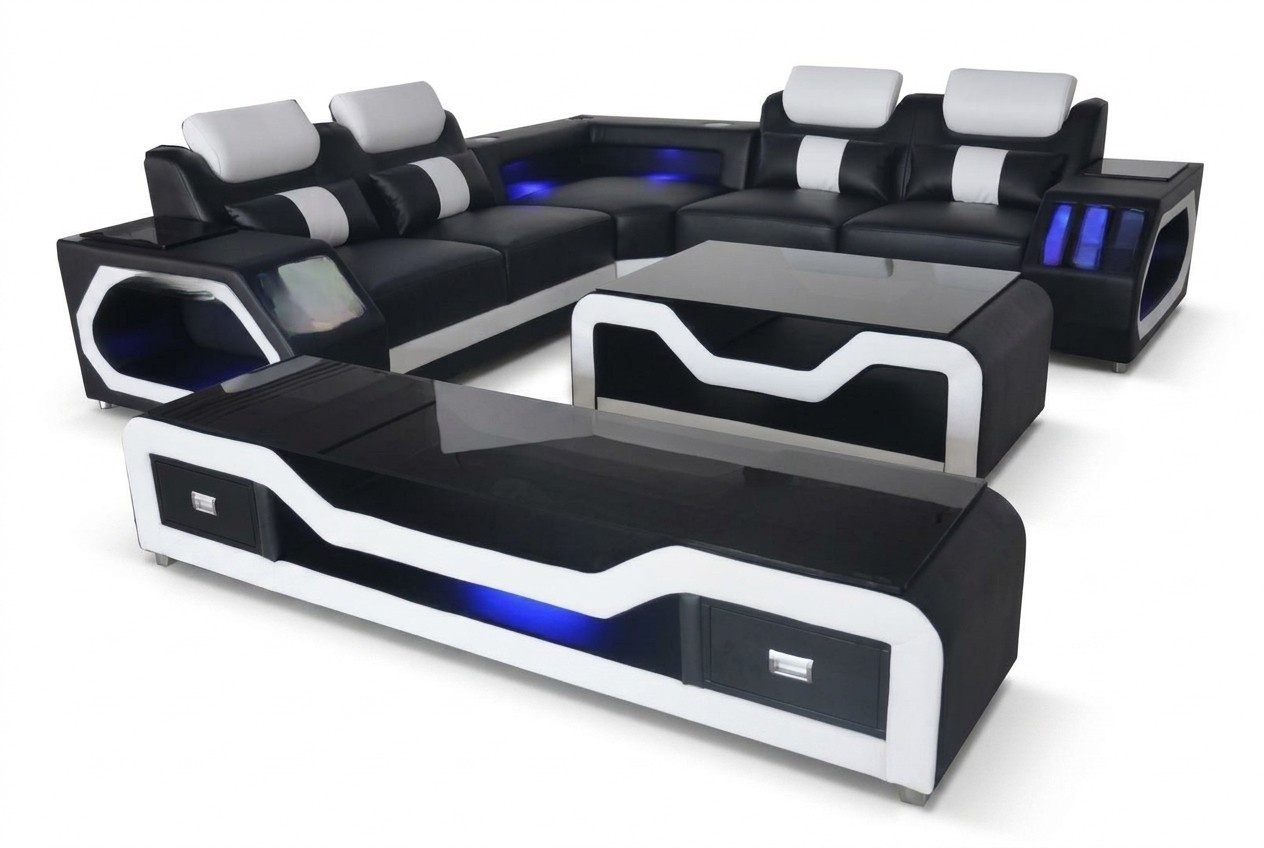 Modern leather sofa living area L-shaped sofa couch sound - USB - Bluetooth new