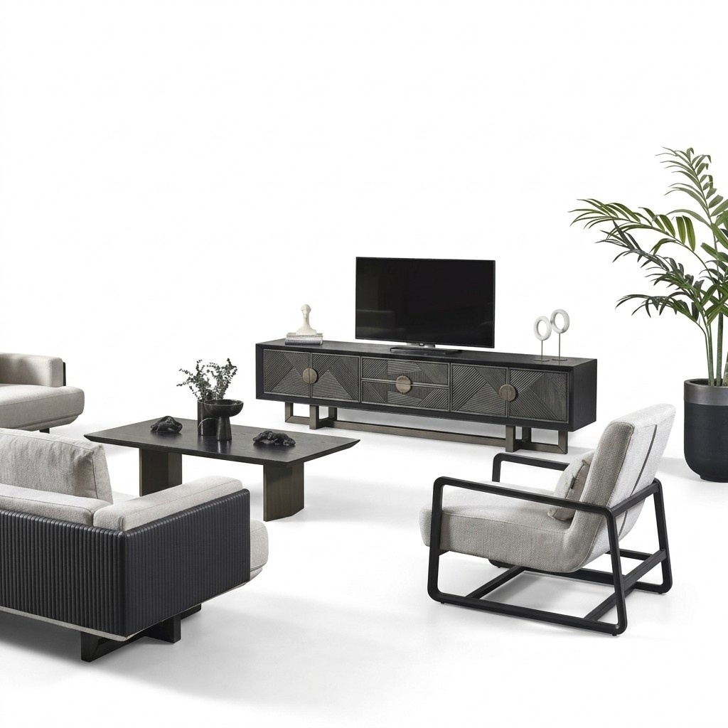 Modern living room furniture set made of fabric in brown with an armchair.