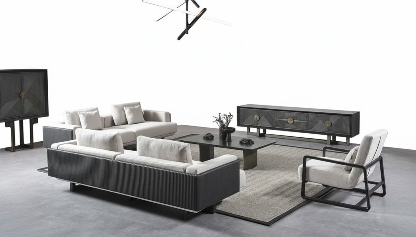 Modern living room furniture set made of brown wood with sofas and armchairs.