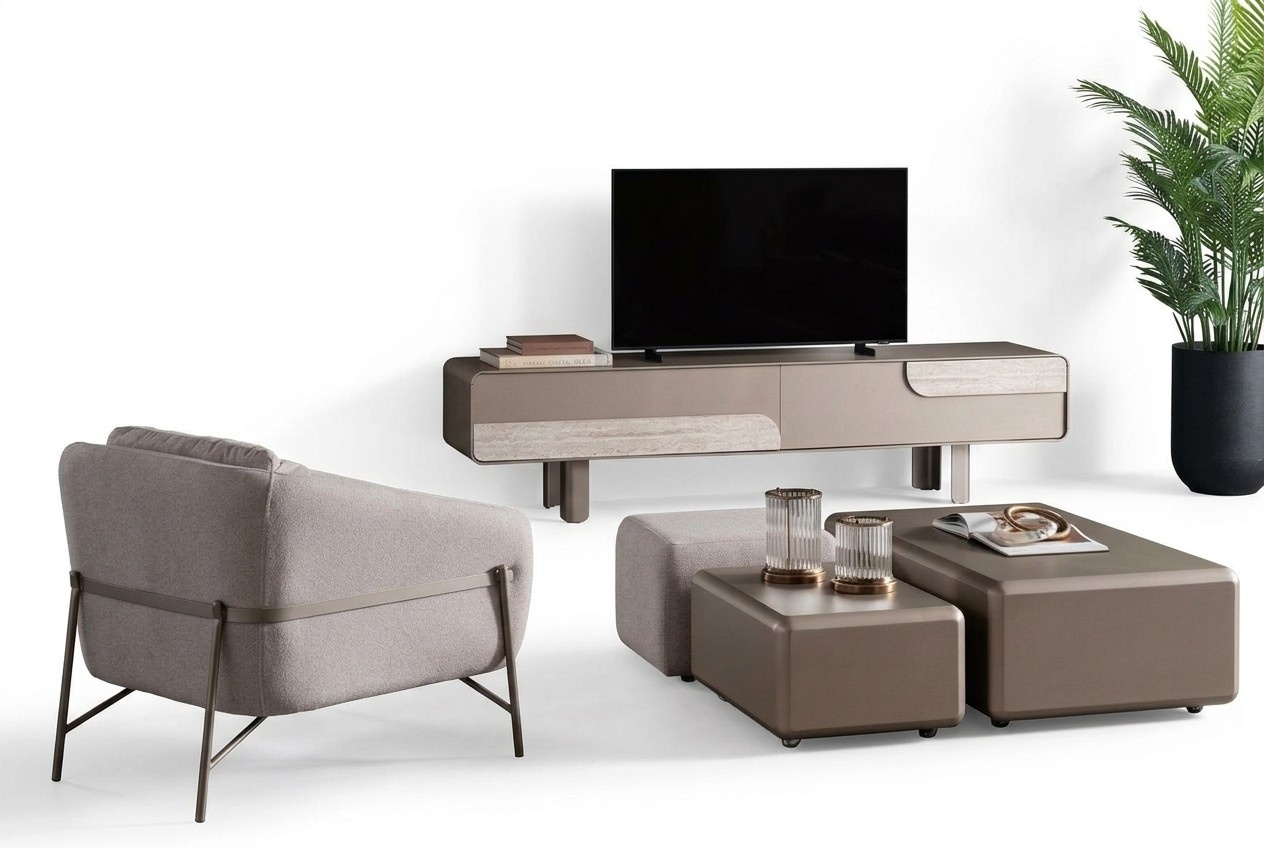 Modern living room furniture set textile beige armchair TV lowboard