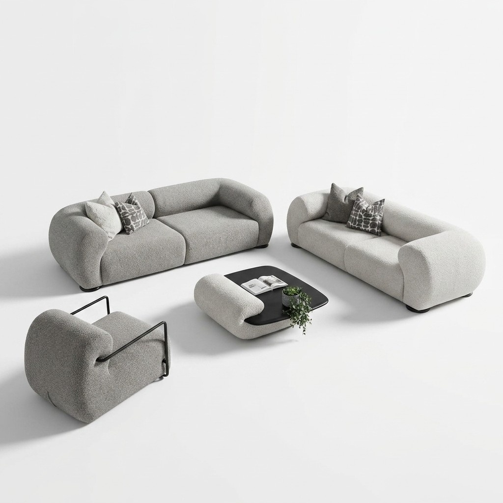 Modern living room set made of fabric in gray with wooden details.