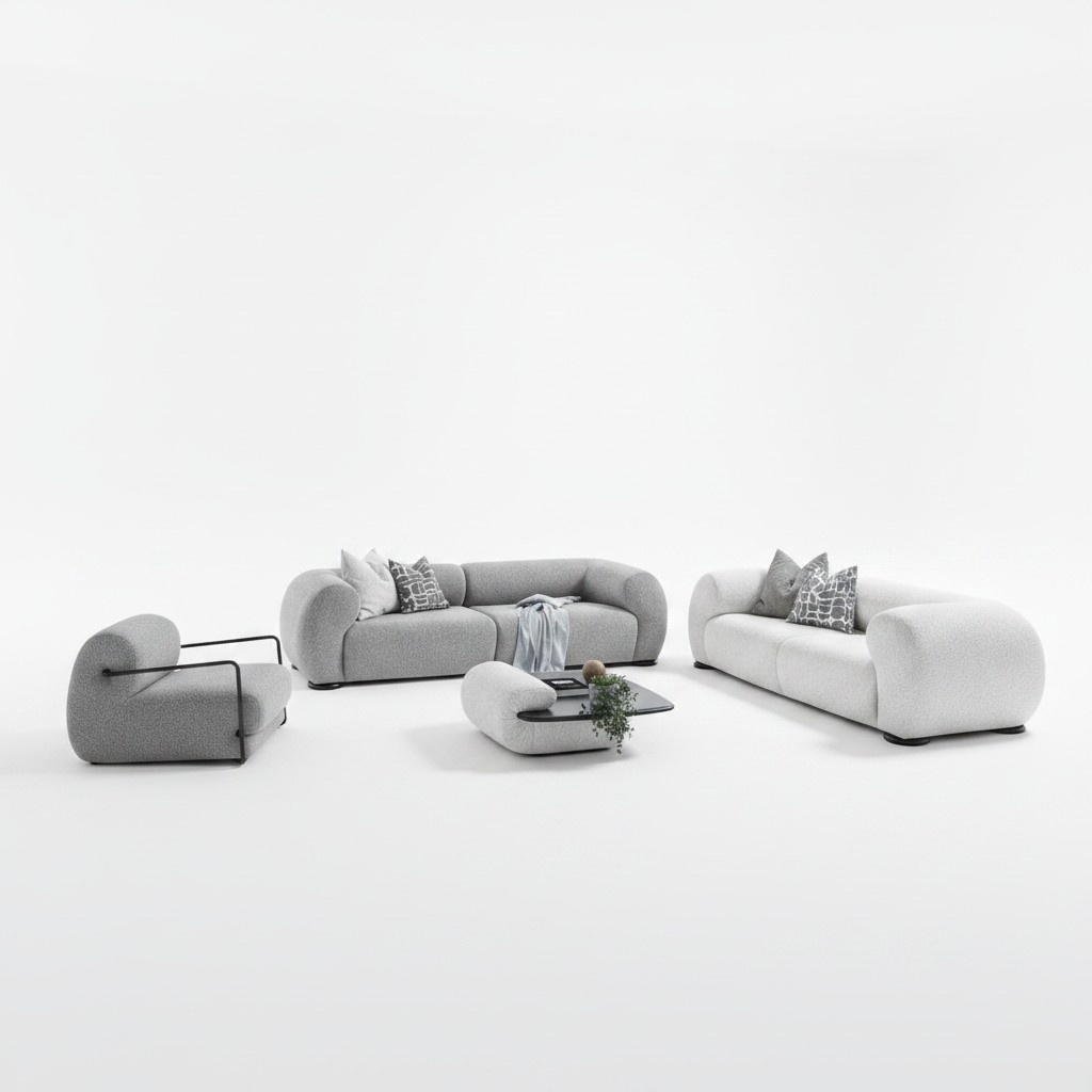 Modern living room set made of fabric and wood in gray.