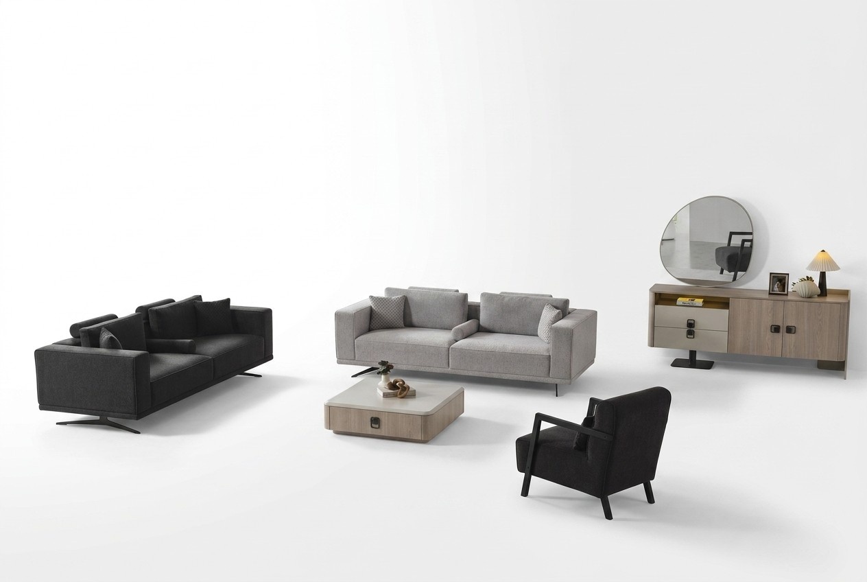 Modern living room set made of gray fabric with a wooden frame.