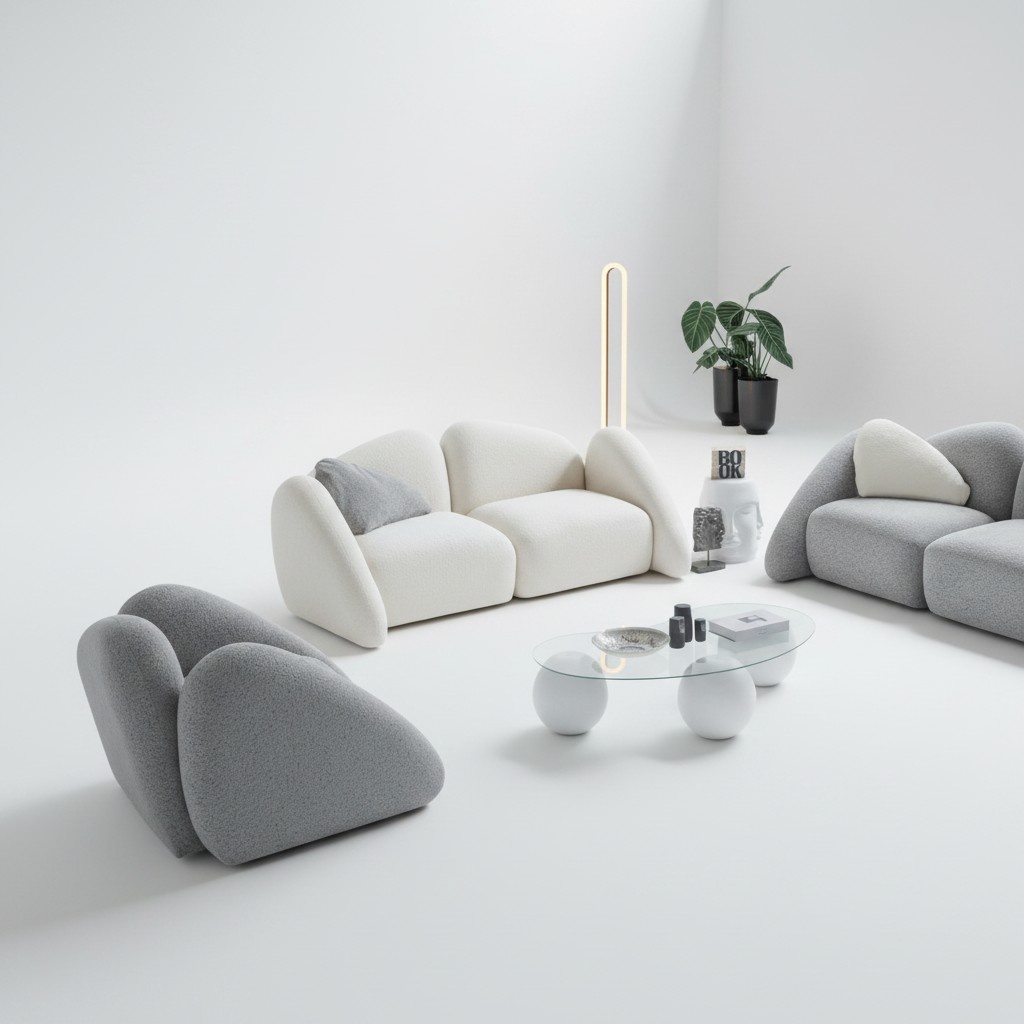 Modern living room set made of fabric in white.