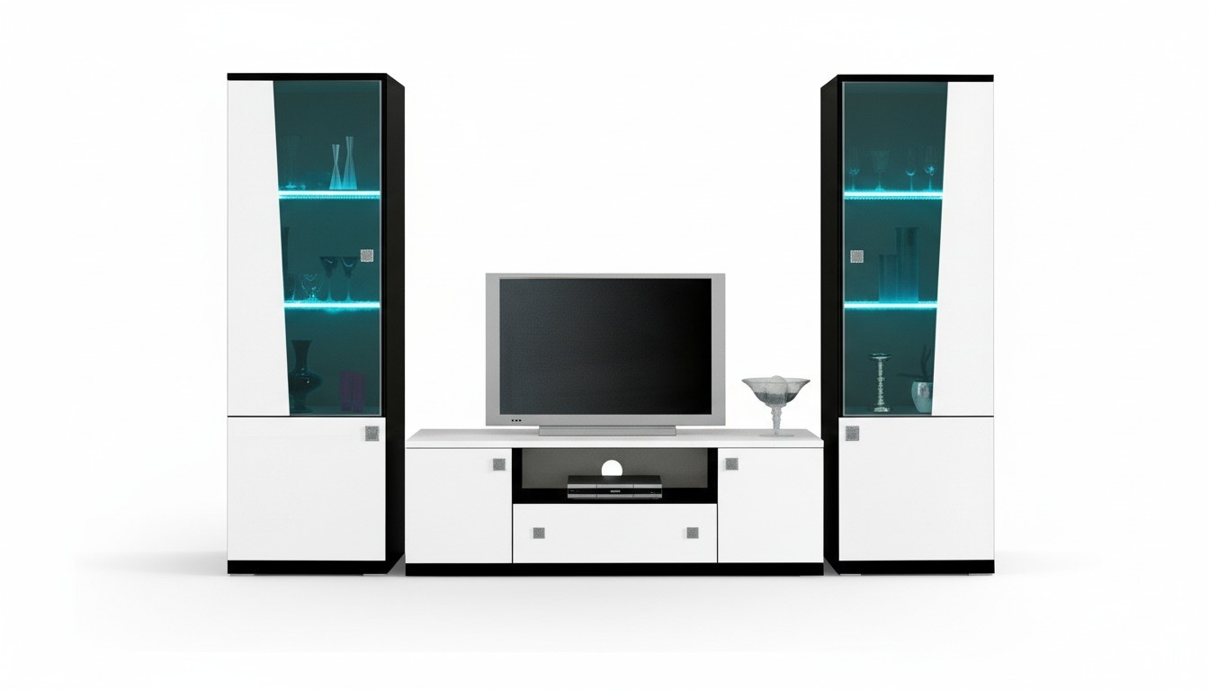 Modern style set of gloss 2x-showcases with backlit shelves & TV lowboard, italian collection