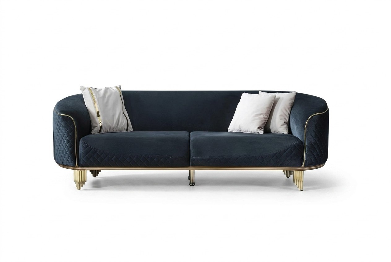 Modern New Sofa 3 Seater Upholstered Sofa Blue Textile Seat Design Couch