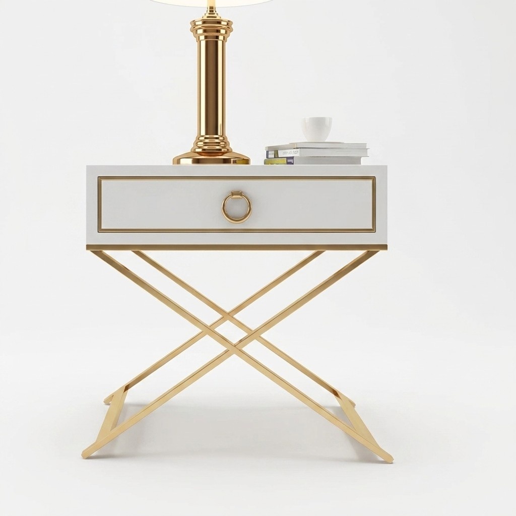 Modern style designer bedside table made of real wooden & stainless steel frame with a sliding drawer