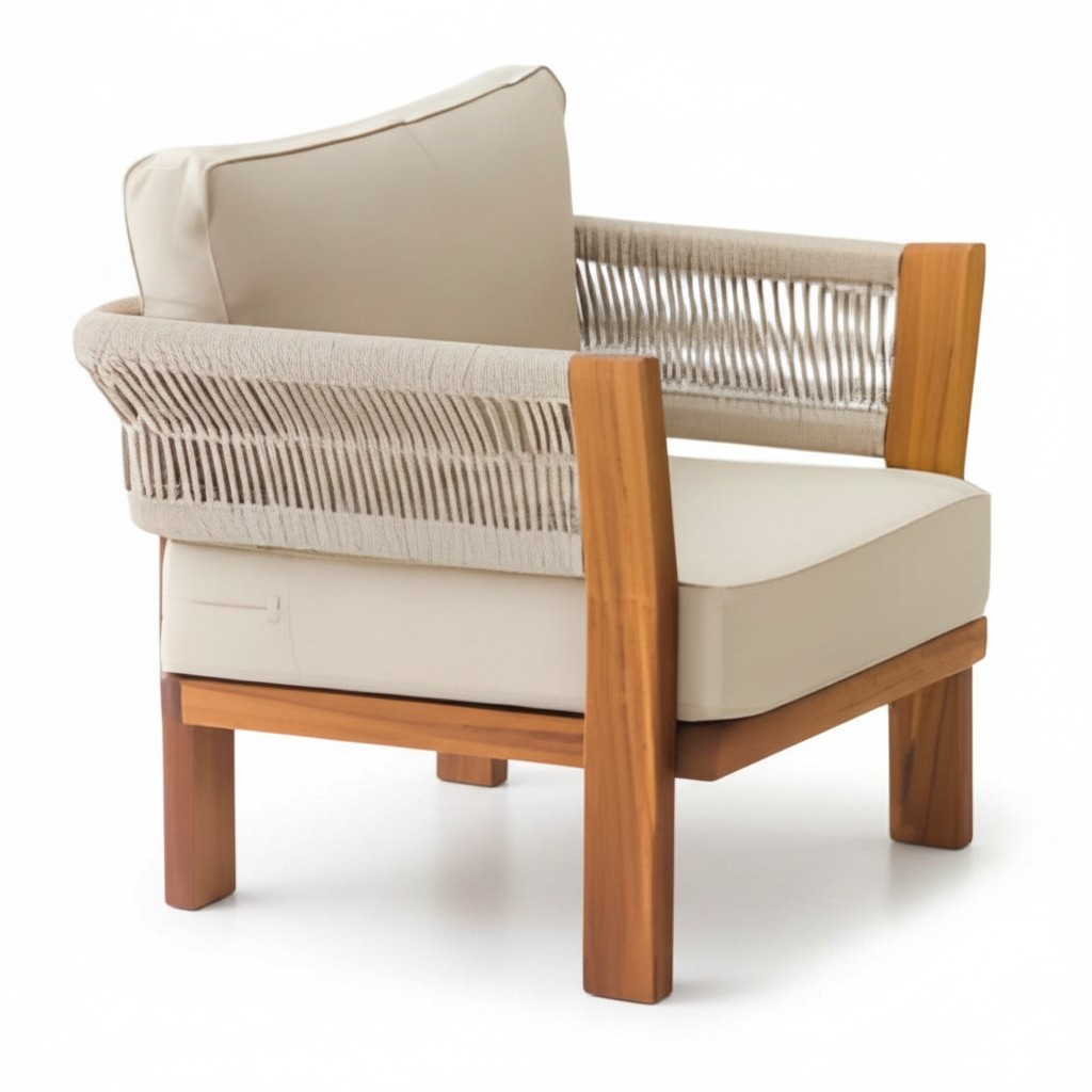 Modern beige fabric armchair made of wood for terrace and balcony.