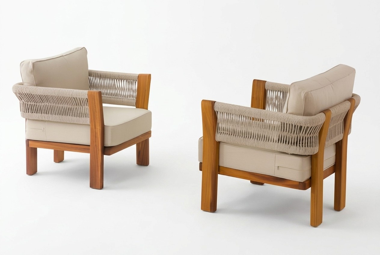 Modern beige upholstered armchairs made of wood for terrace and balcony.