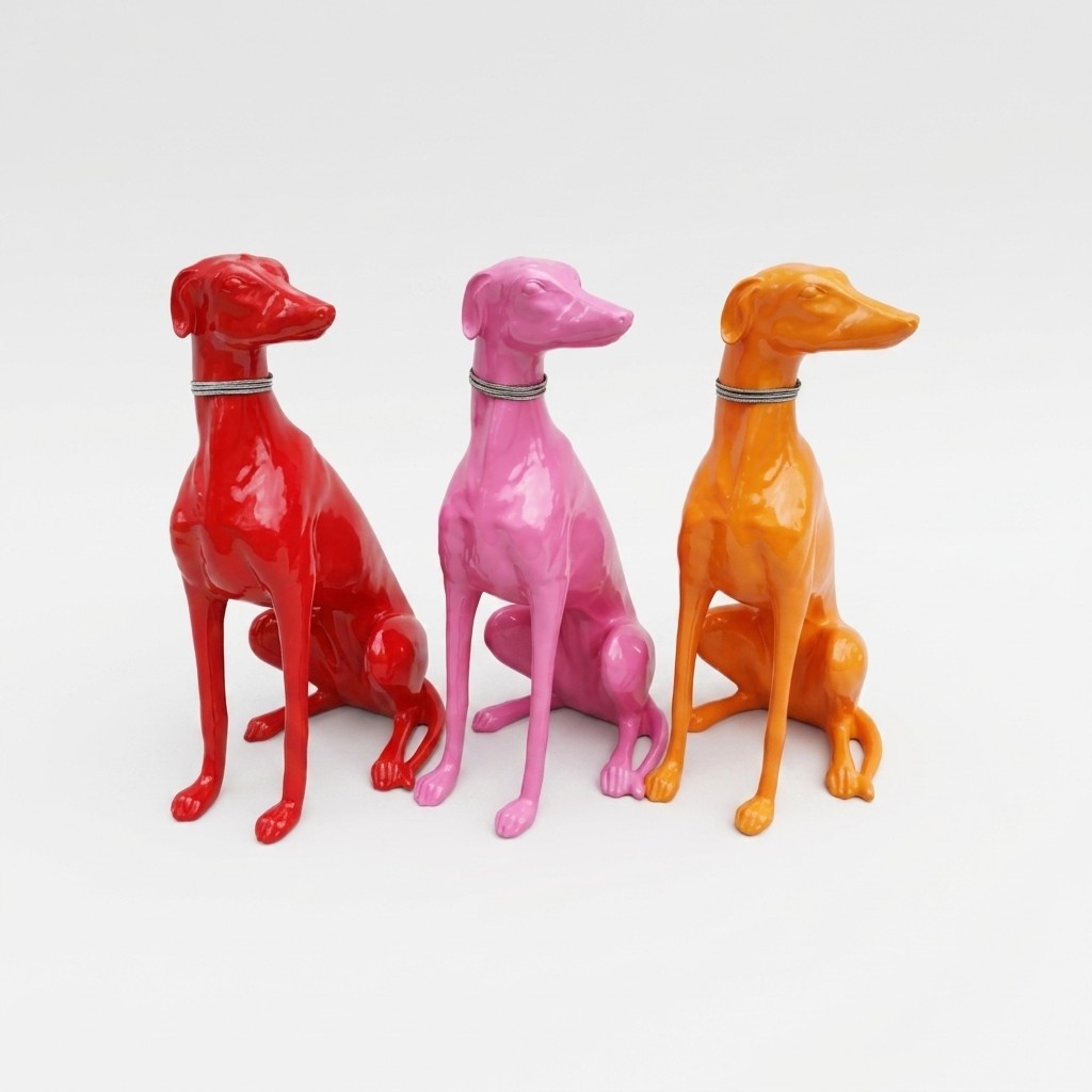 Abstract decorative sculpture designed as a gloss bright colorful sitting dog 80cm