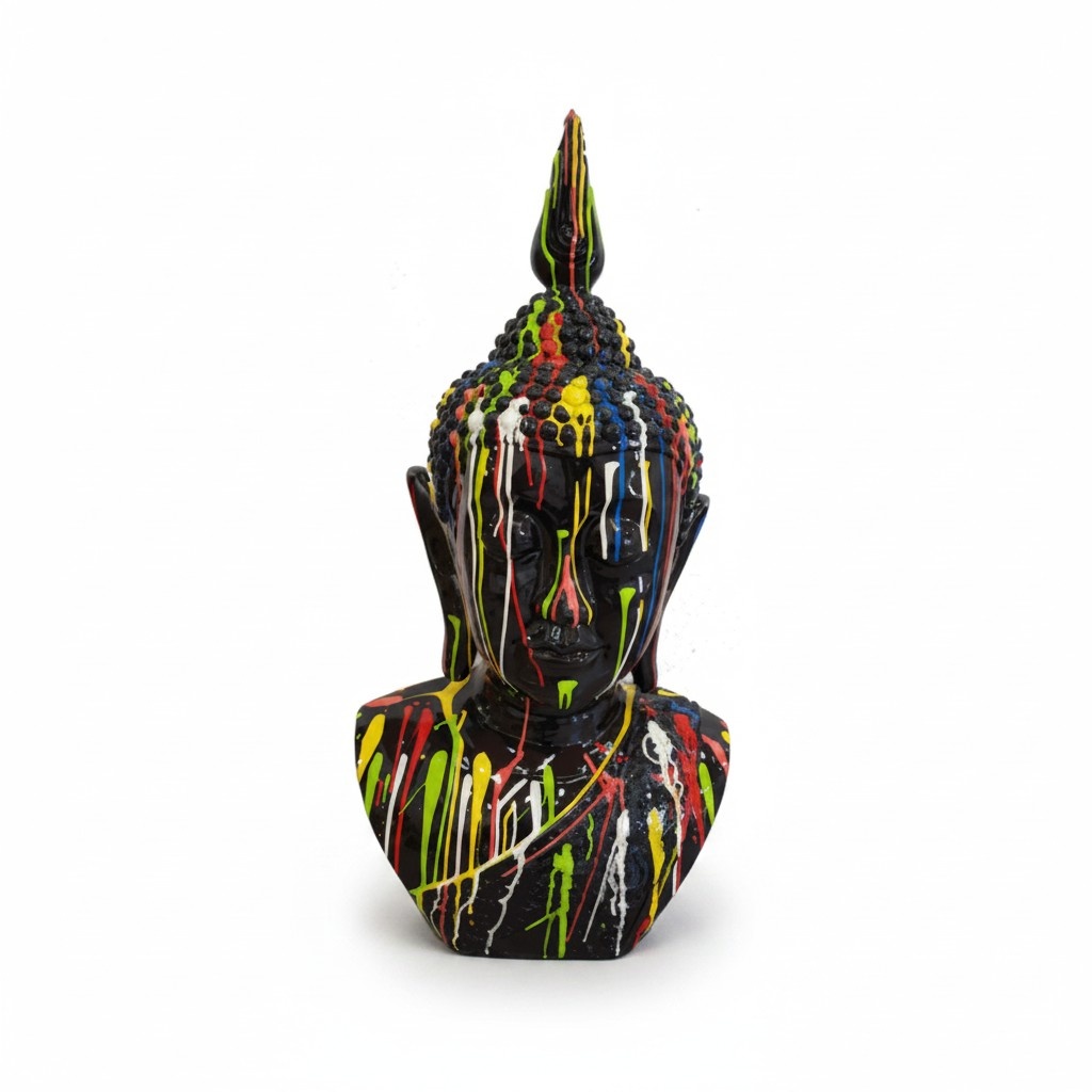 Abstract decorative sculpture designed as a black gloss colored malaysian buddha bust in colorful stripes 117cm