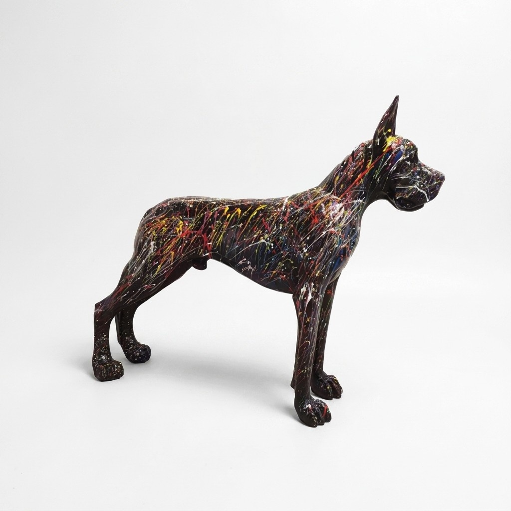 Abstract decorative sculpture designed as a black colored standing dog with colorful stripes 110x125cm