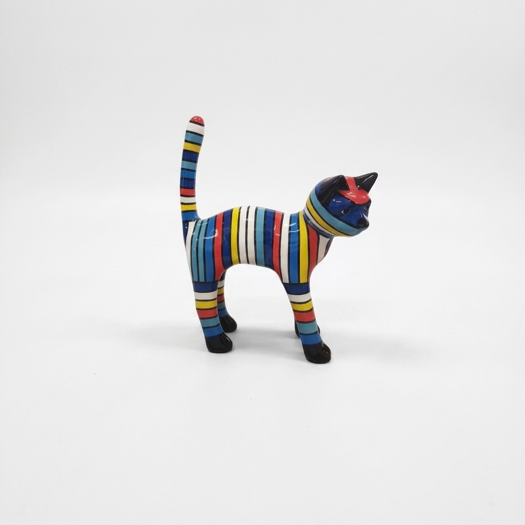 Abstract decorative sculpture designed as a gloss colorful standing cat with stripes 40cm