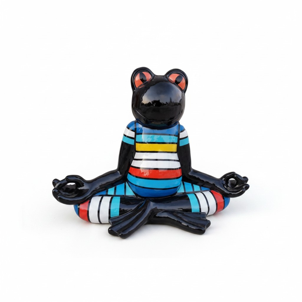 Black decorative sculpture of a cartoon frog in yoga pose painted in colorful stripes suit 55cm