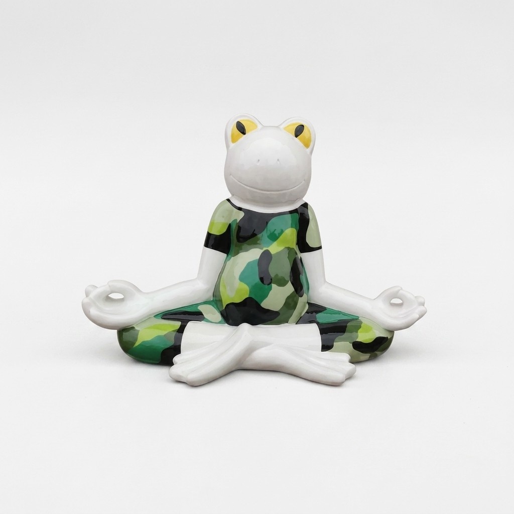White decorative sculpture of a cartoon frog in yoga pose painted in colorful camouflage suit 55cm