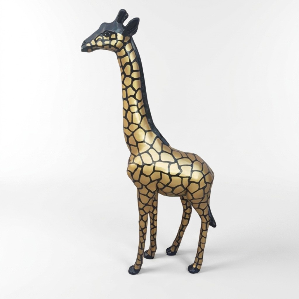 Decorative sculpture designed as gloss black/golden giraffe figure 205 cm height