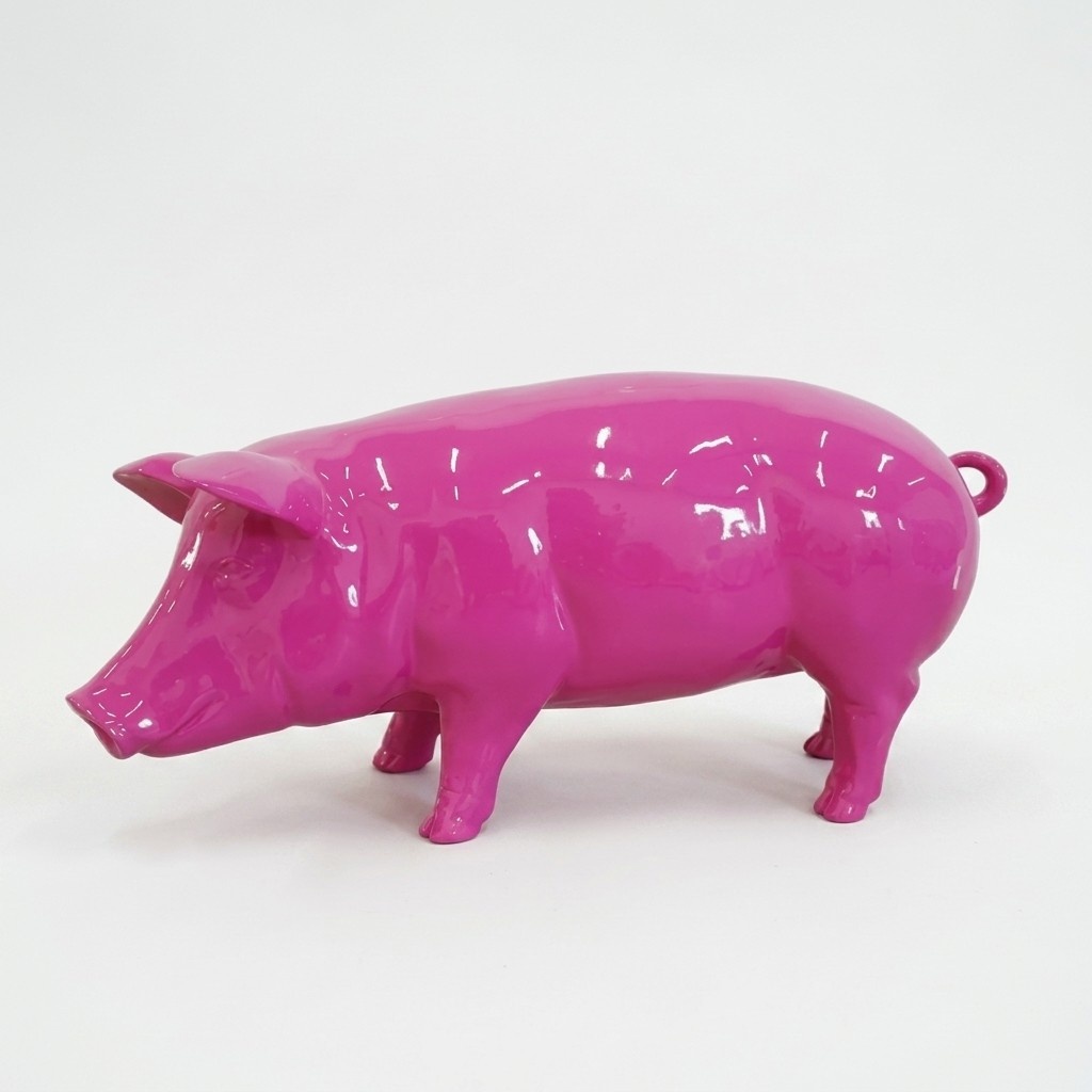 Decorative sculpture designed as a gloss full pink colored pig 40x80cm