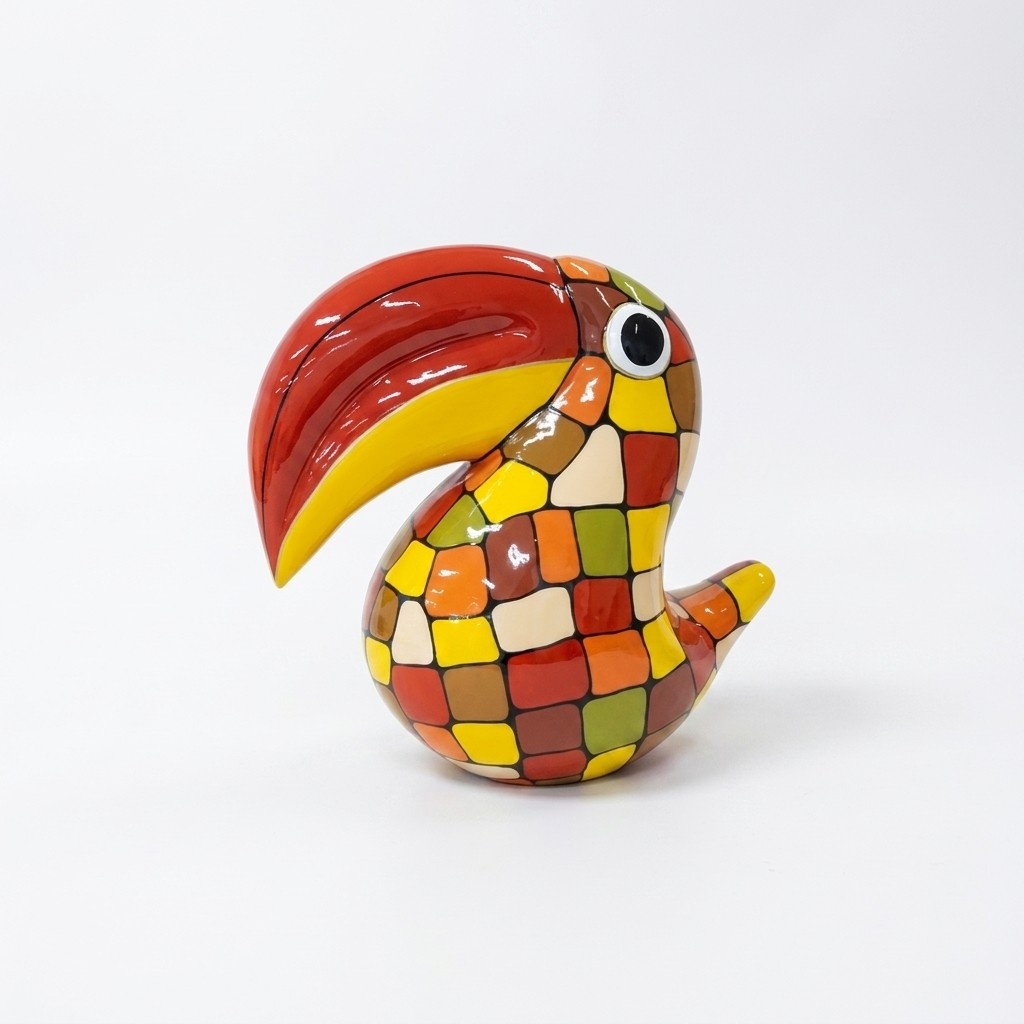 Decorative sculpture designed as a gloss toucan in colorful red tone mosaic patterns & red beak 65cm