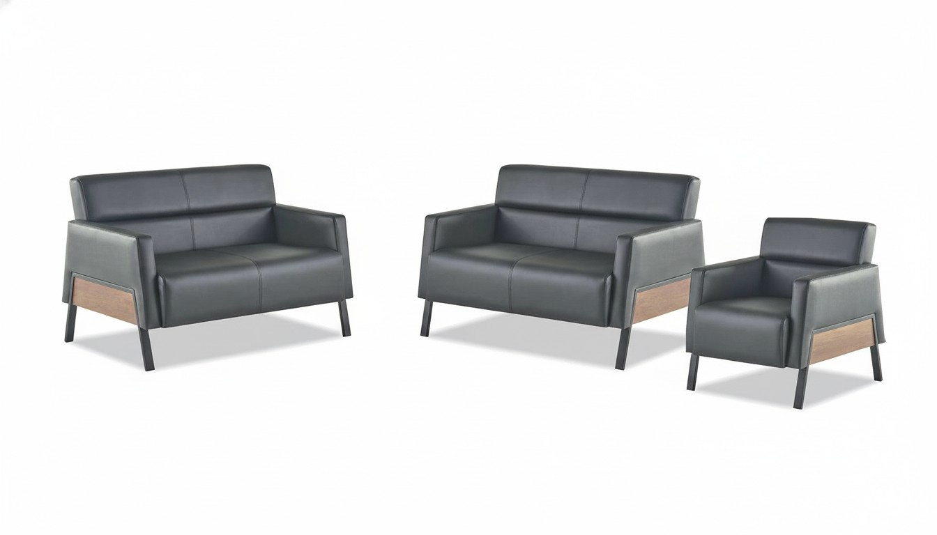 Modern set 2-seater armchair black leather sofas couch soft leather wood