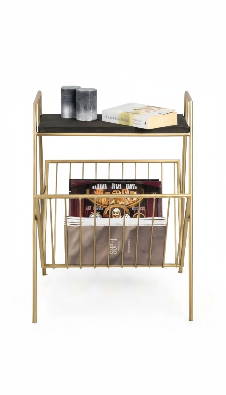 Modern side table, robust metal, versatile, newspaper rack, furniture.