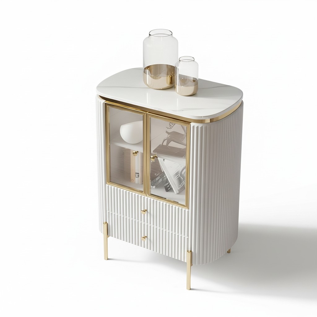 Modern White Sideboard Dresser Side Cabinet Glass Window Doors Stainless Steel Legs Wood