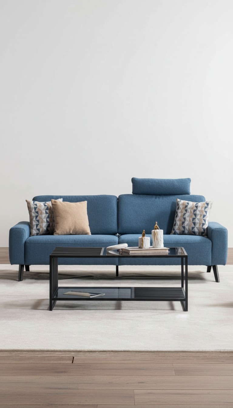 Modern Sofa 3-Seater Blue Upholstered Sofas Design Textile Living Room Three-Seater