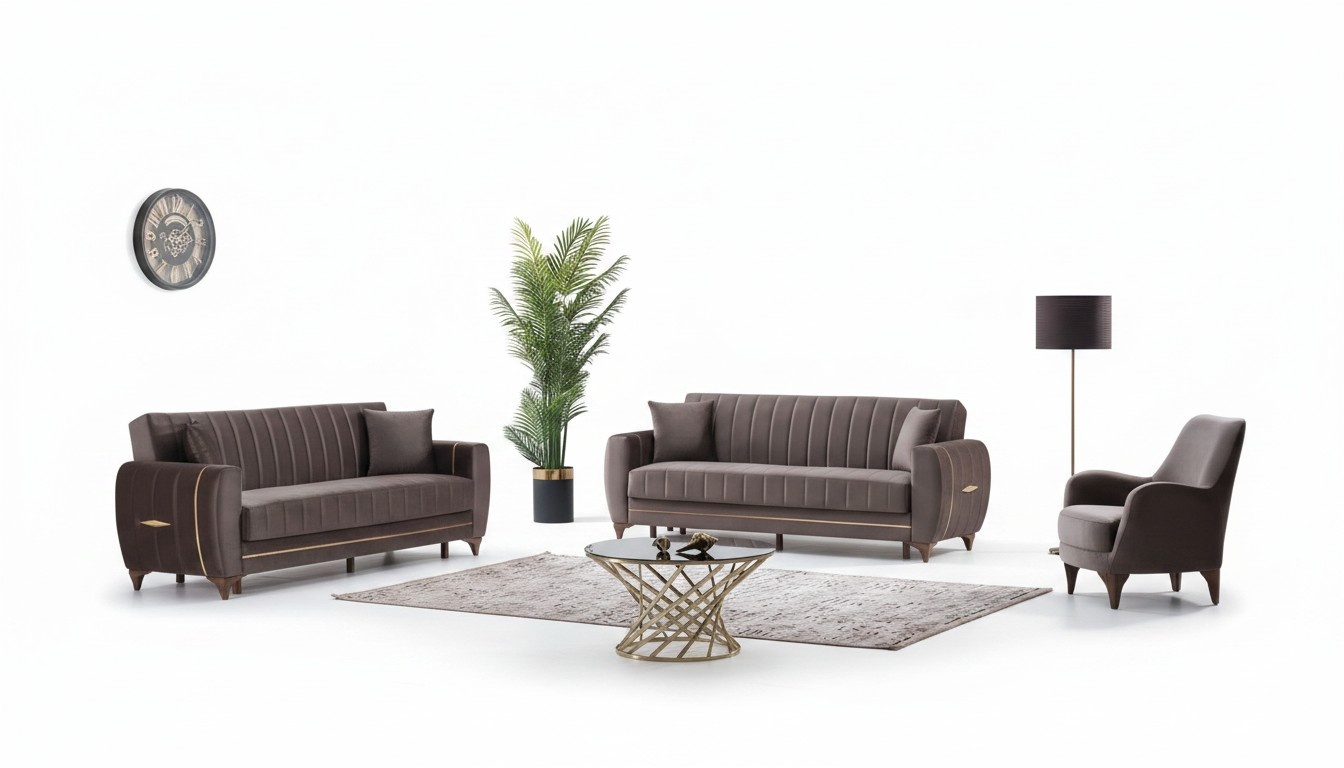 Modern sofa set 3-piece design textile brown design 3+3+1 living room