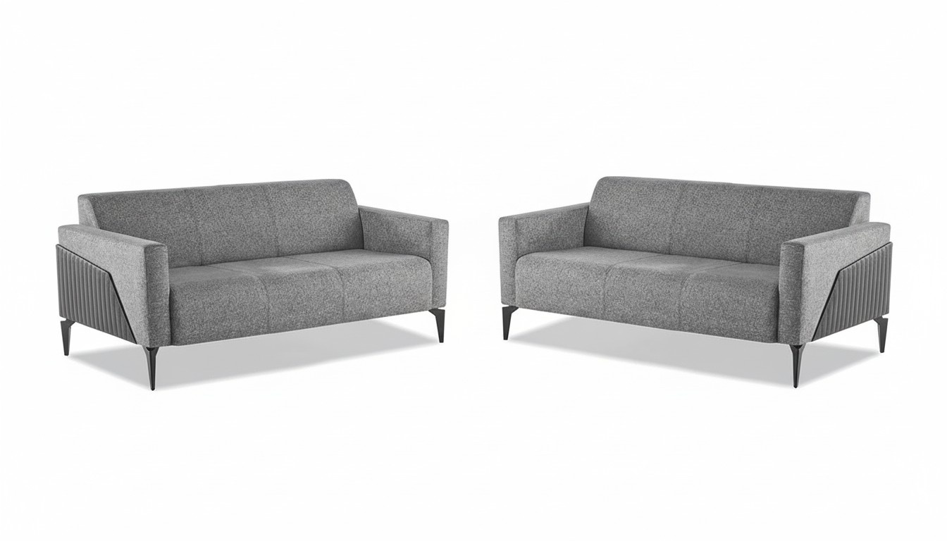 Modern Sofa Set 3-Seater Gray Stainless Steel Modern Couch Textile Leather Wood