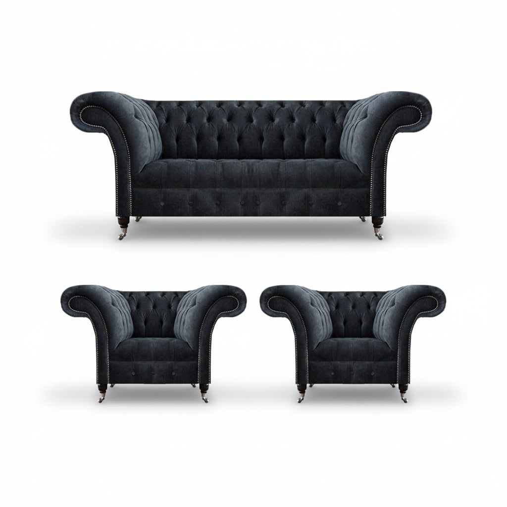 Modern Sofa Set 3-piece Gray Chesterfield Luxury Sofa Suite Living Room