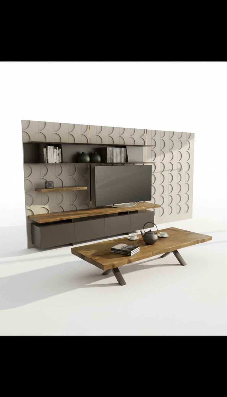 Modern TV stand with wall shelves Luxury storage cabinets natural walnut