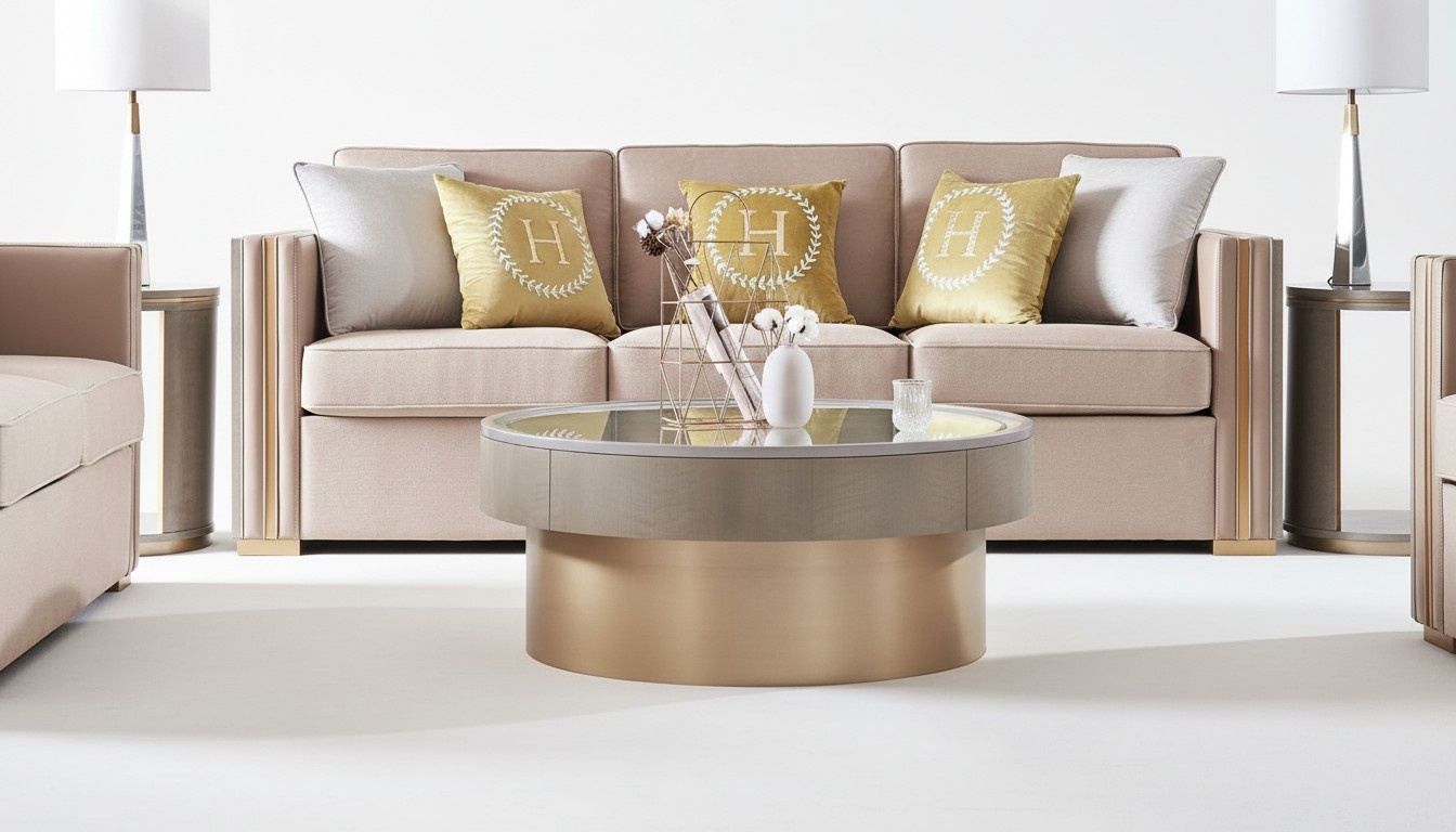 Modern Coffee Table Round Wood Stainless Steel Glass Tabletop Living Room Premium Furniture