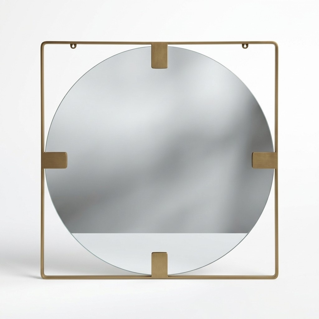 Modern wall mirror, round mirror glass, square frame, living room table.