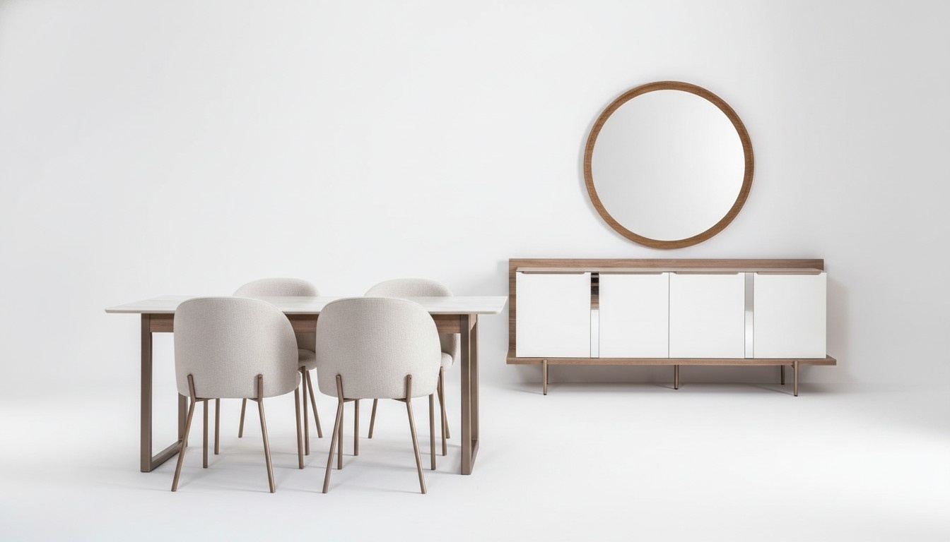 Modern white dining room set dining table with 4 upholstered chairs elegant sideboard