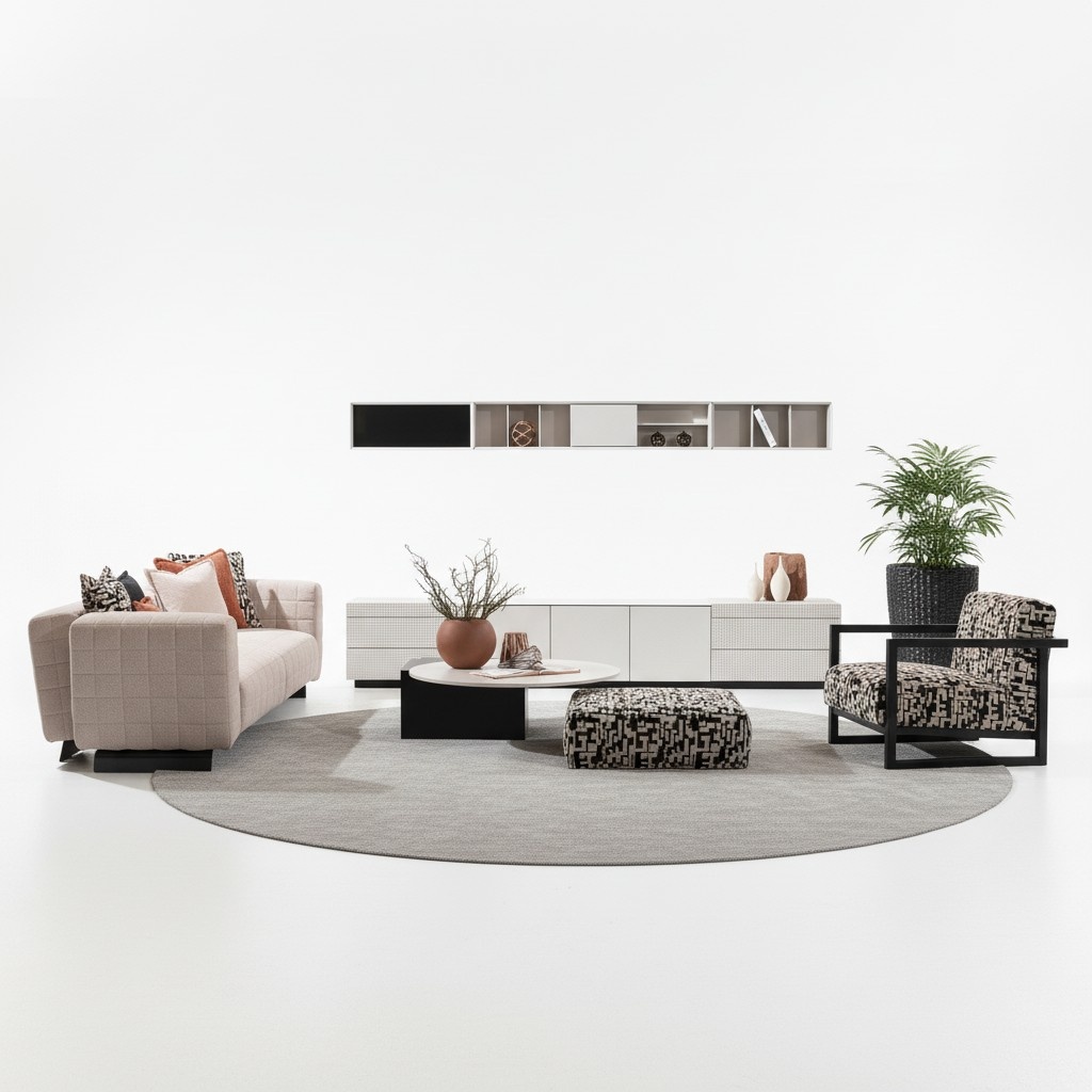 Modern white living room set with TV stand and shelves.