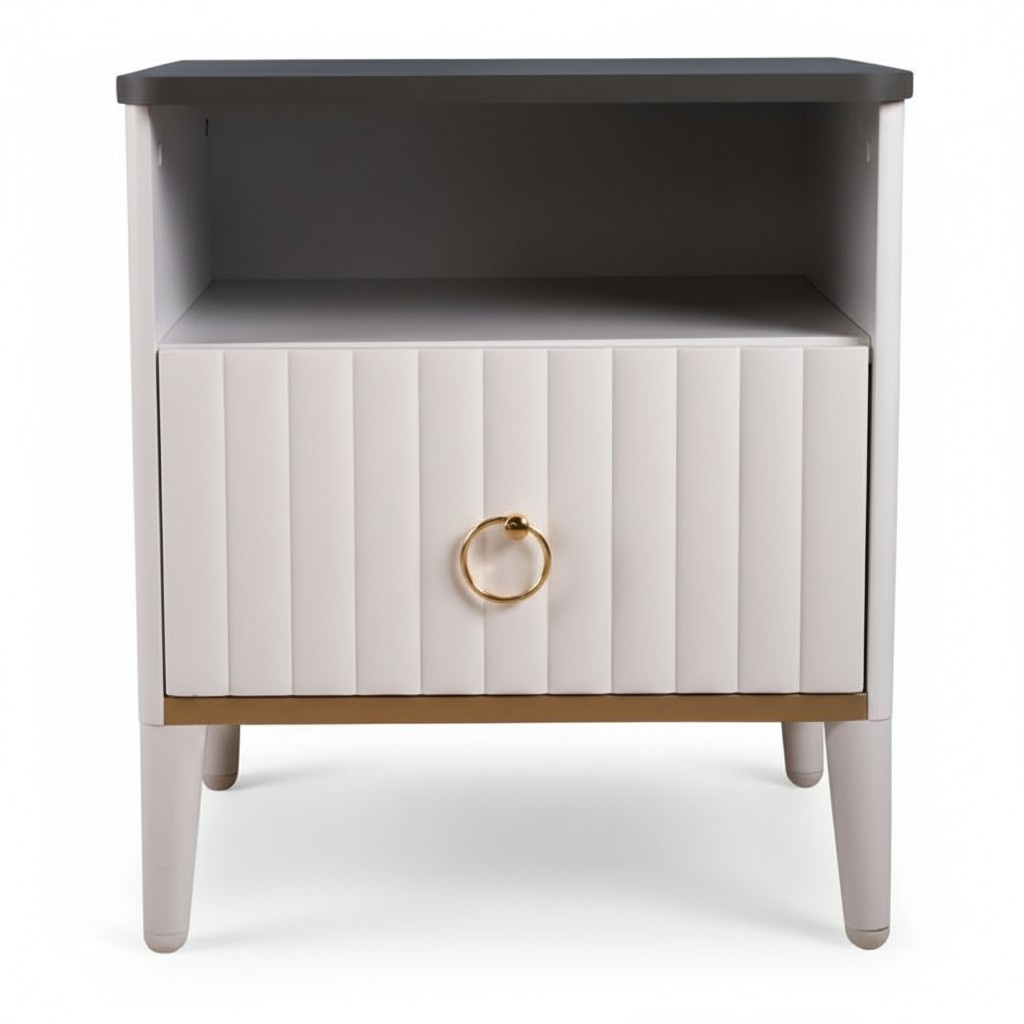 Modern white wooden nightstand with drawers.