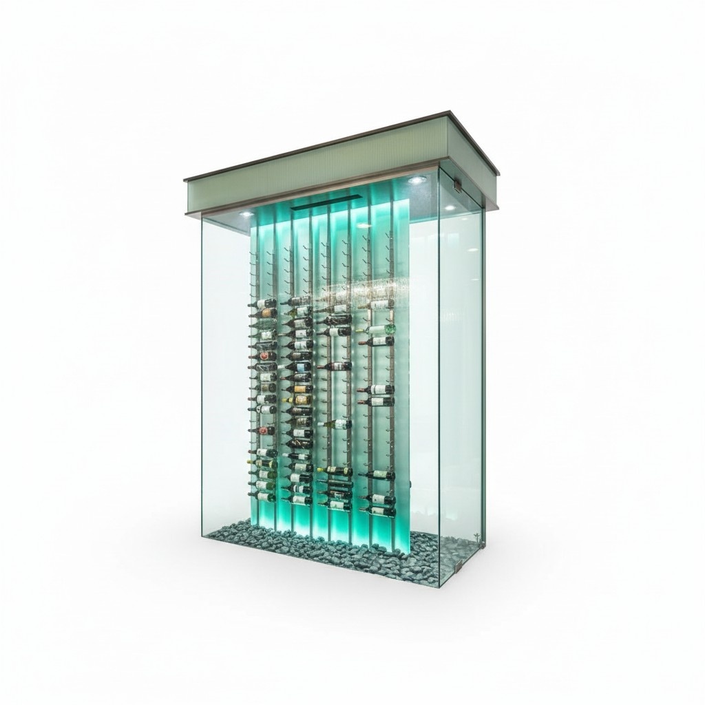 Modern wine cabinet made of stainless steel and glass in silver or black