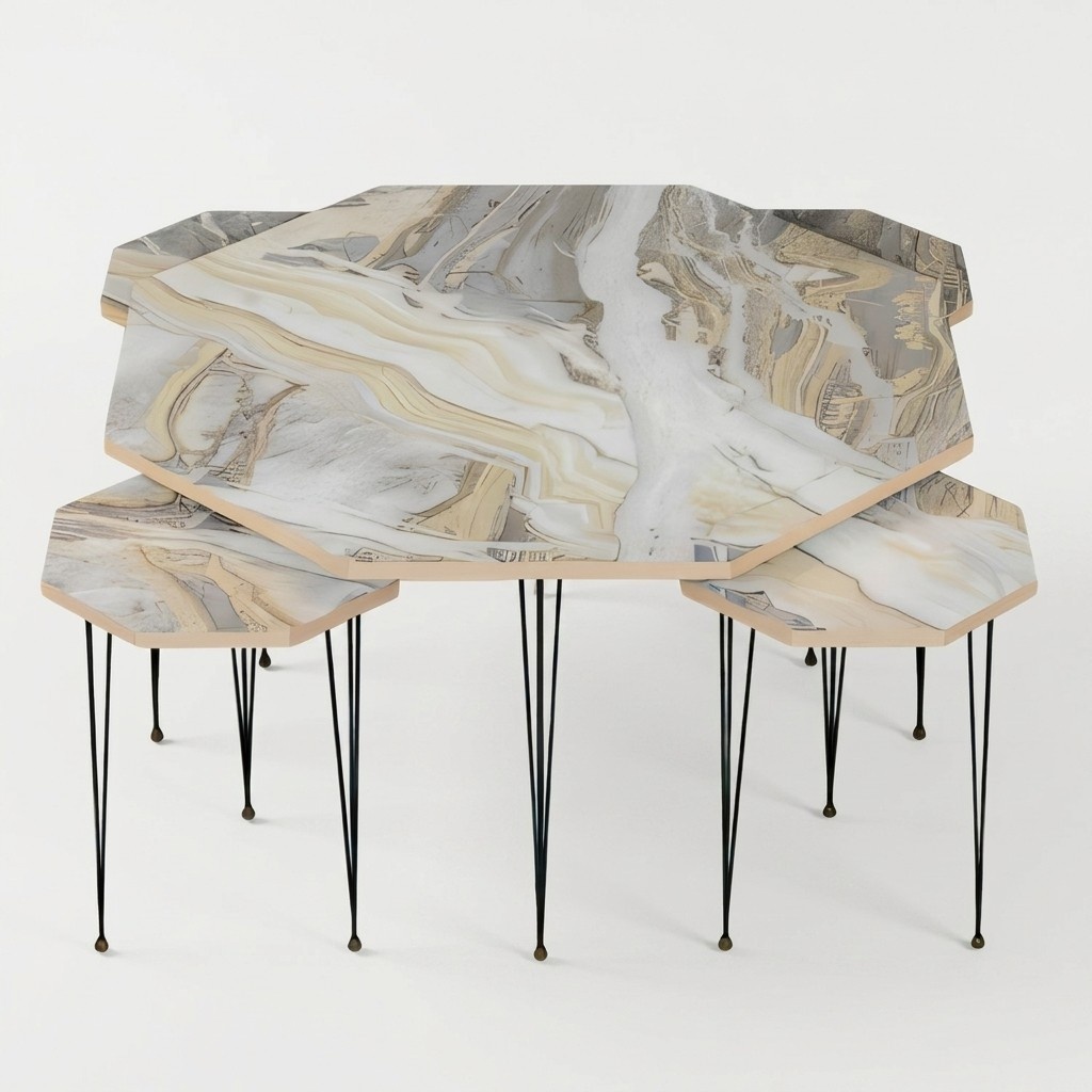 Modern wooden coffee table with colorful side tables in multicolor