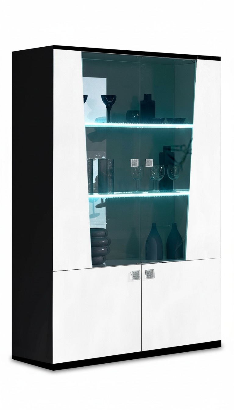 Modern style gloss showcase/cupboard with 4-swing doors & glass backlit shelves