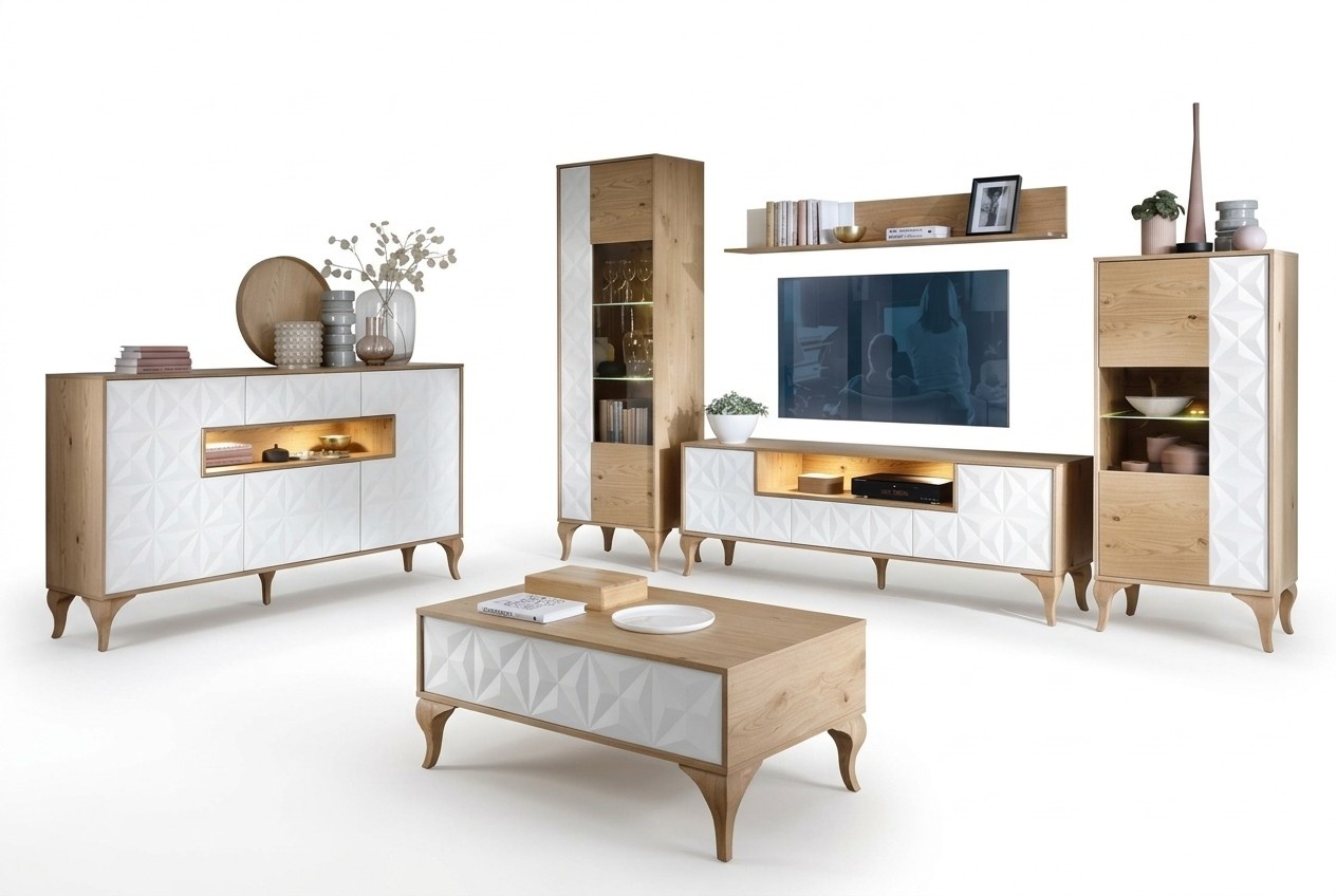 Modern wooden furniture TV lowboard living room showcase complete set living wall 6-piece