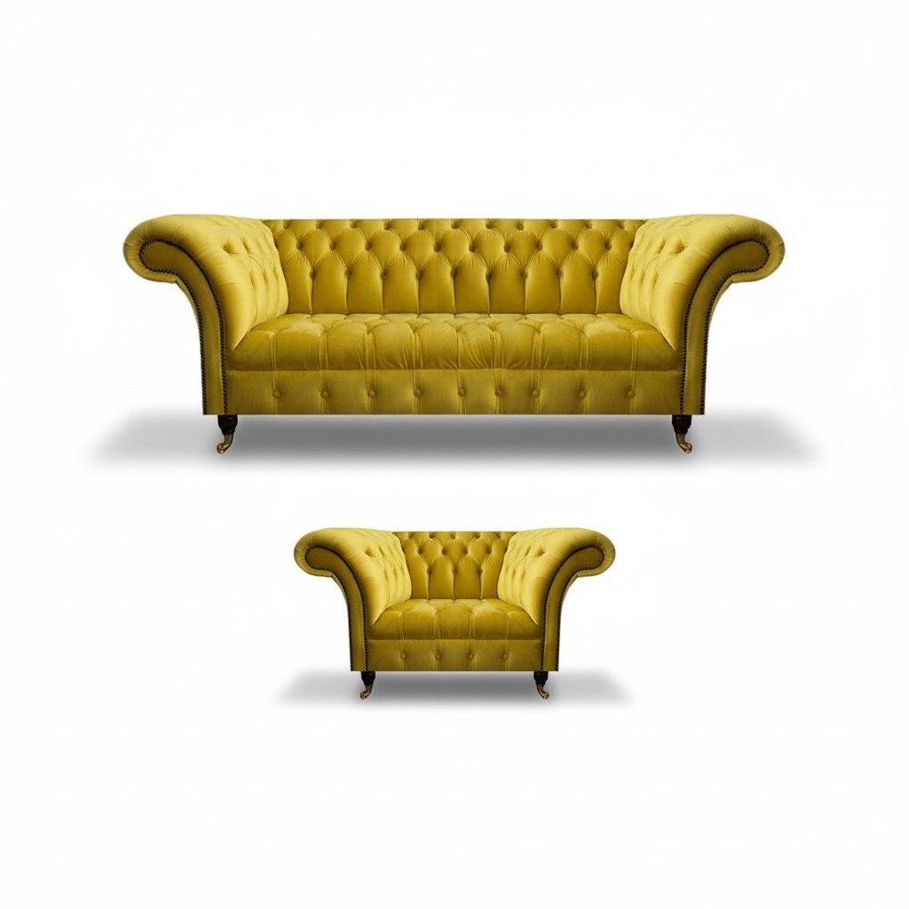 Modern Yellow Chesterfield Upholstered Suite Elegant 3-Seater Textile Armchair