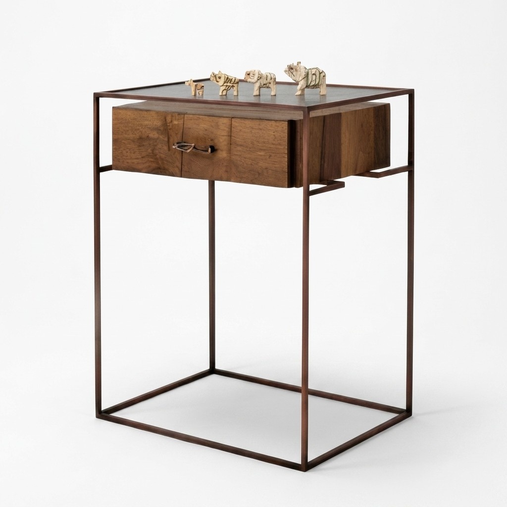 Modern console table made of wood and glass with elegant lighting.