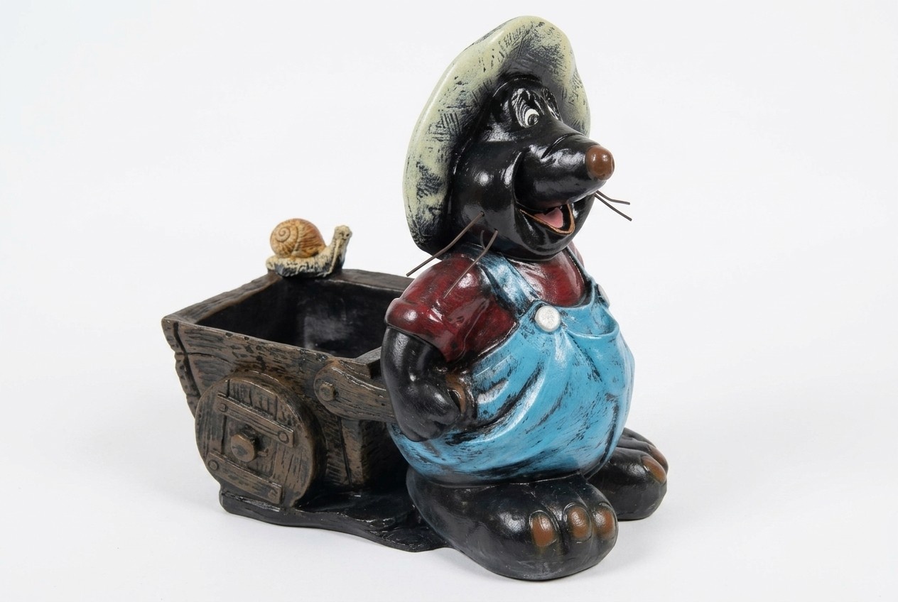 Decorative sculpture designed as gloss black colored mole with a wheelbarrow & a snail 46x42cm