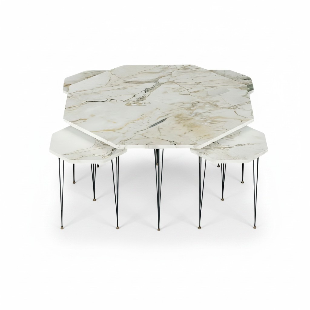 Multicolored wooden coffee table with side tables in modern style