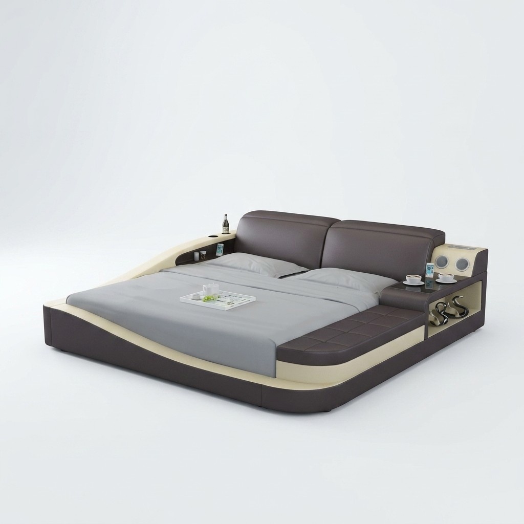 Multifunctional bed with Bluetooth speakers, luxury design, leather beds, hotel double, new.
