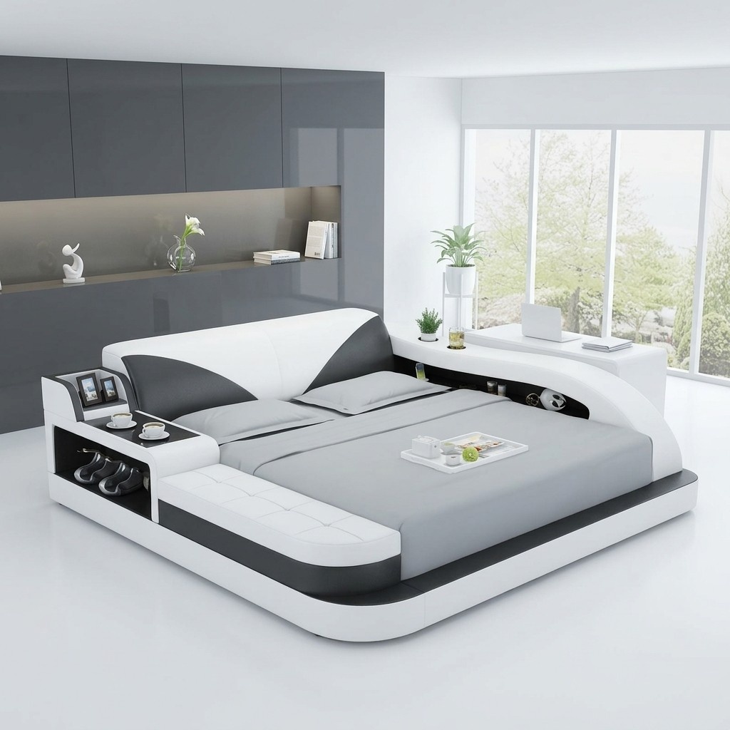 Designer leather marriage double bed with modern style multifunctional bedside console 180x200cm